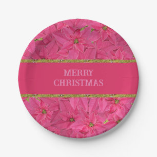 Fuchsia gekleurde poinsettias, bloemenpatroon op m papieren bordje