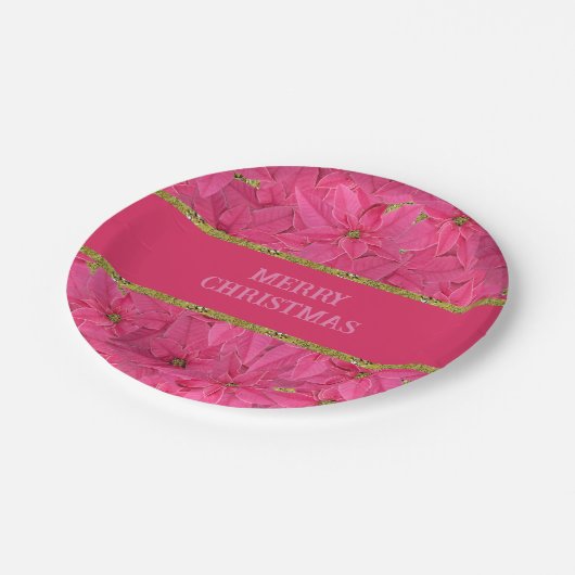 Fuchsia gekleurde poinsettias, bloemenpatroon op m papieren bordje (Gekanteld)