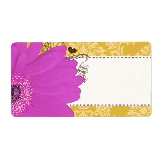 Fuchsia Gerber Daisy & Golden Glow Damask Etiket (Voorkant)