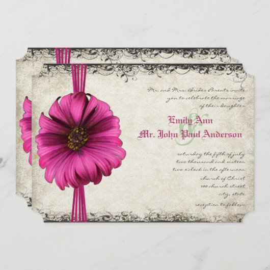 Fuchsia Gerber Daisy Wedding Invite Kaart (Voorkant / Achterkant)
