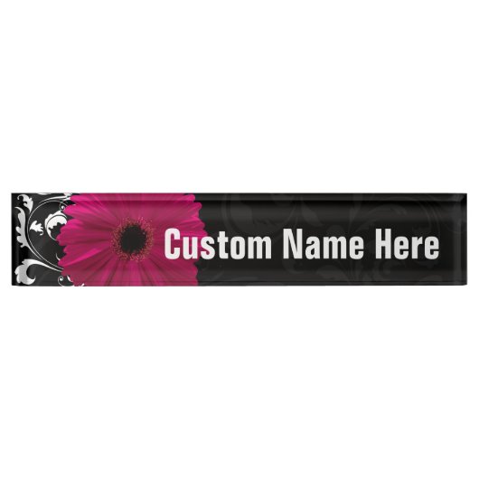 Fuchsia Gerbera Daisy Black/White Swirl Naambordje (Voorkant)