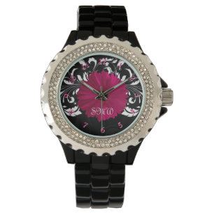 Fuchsia Gerbera Daisy met zwarte en witte wervelko Horloge