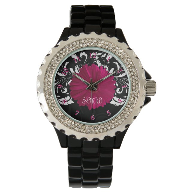 Fuchsia Gerbera Daisy met zwarte en witte wervelko Horloge (Voorkant)
