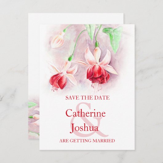 Fuchsia geschilderd bloem kunst rood op te slaan d aankondigingskaart (Voorkant / Achterkant)