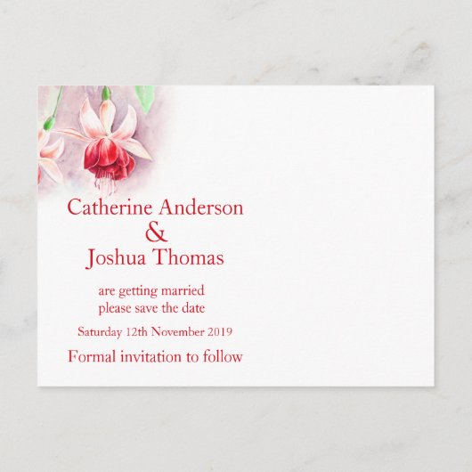 Fuchsia geschilderd bloem kunst rood op te slaan d aankondigingskaart (Achterkant)