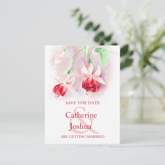 Fuchsia geschilderd bloem kunst rood op te slaan d aankondigingskaart (Staand voorkant)