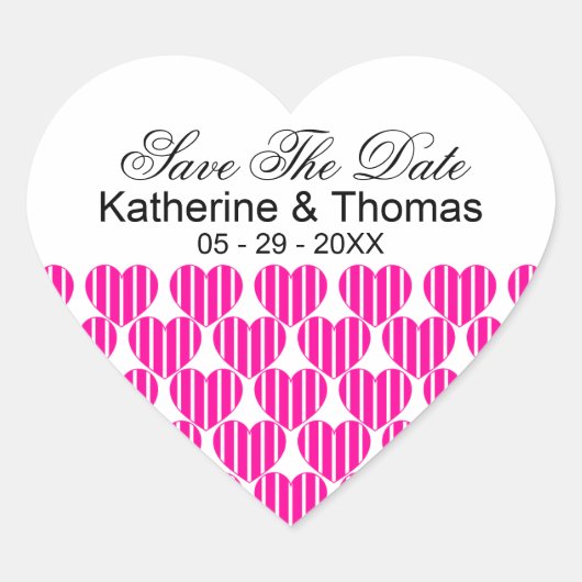 fuchsia gestreepte harten sparen de datum Stickers (Voorkant)