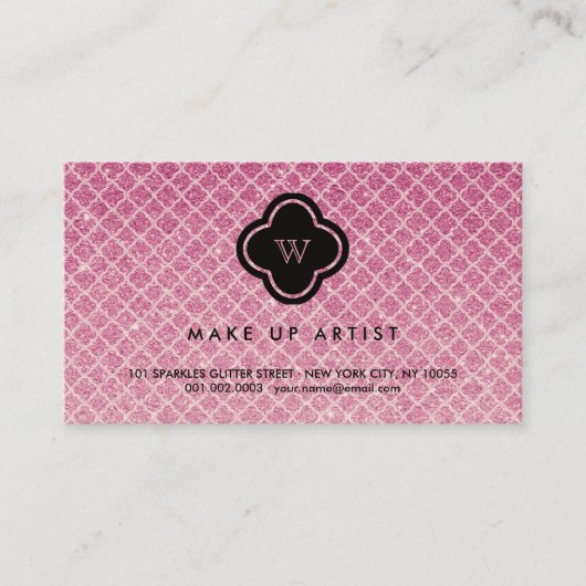 Fuchsia Glitter Monogram Quatrefoil Profiel Card Visitekaartje (Voorkant)
