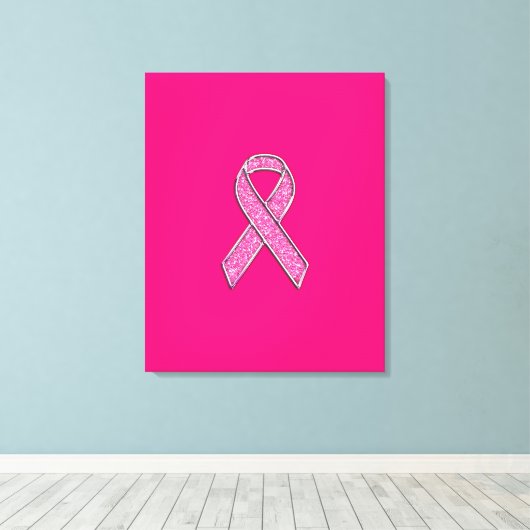 Fuchsia Glitter Style Pink Ribbon Awareness Canvas Afdruk (Insitu (Houten vloer))