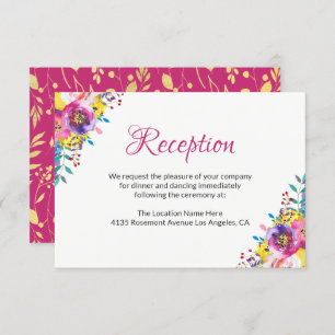 Fuchsia Gold Blossom Floral Wedding Reception Kaar Informatiekaartje