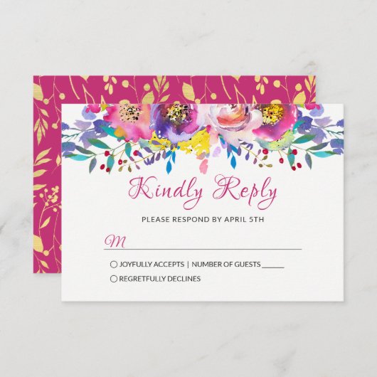 Fuchsia Gold Blossom Floral Wedding RSVP (Voorkant / Achterkant)