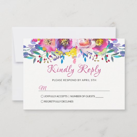 Fuchsia Gold Blossom Floral Wedding RSVP Kaartje (Voorkant)