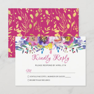 Fuchsia Gold Blossom Floral Wedding RSVP Kaartje