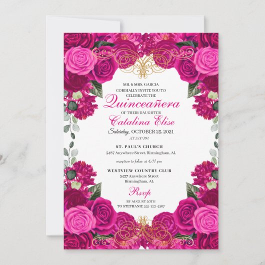 Fuchsia & Gold Floral Quinceanera Birthday Kaart (Voorkant)