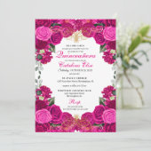 Fuchsia & Gold Floral Quinceanera Birthday Kaart (Staand voorkant)