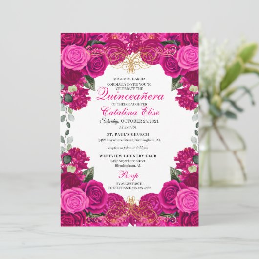 Fuchsia & Gold Floral Quinceanera Birthday Kaart (Staand voorkant)