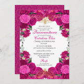 Fuchsia & Gold Floral Quinceanera Birthday Kaart (Voorkant / Achterkant)
