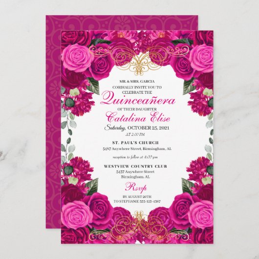 Fuchsia & Gold Floral Quinceanera Birthday Kaart (Voorkant / Achterkant)