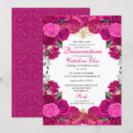 Fuchsia & Gold Floral Quinceanera Birthday Kaart