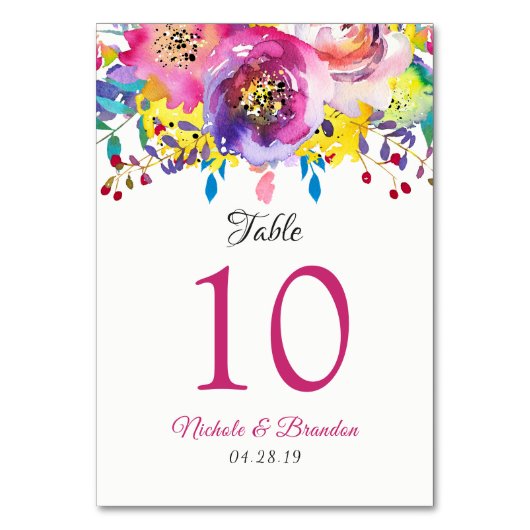 Fuchsia Gold Floral Wedding Table Number Kaart (Voorkant)