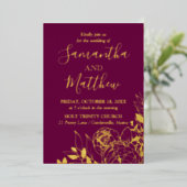 Fuchsia & Gold Peony Modern Floral Wedding Folie Uitnodiging (Staand Voorkant)