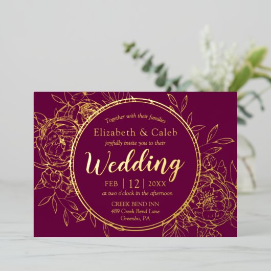 Fuchsia & Gold Peony Modern Toile Wedding Folie Uitnodiging (Staand Voorkant)