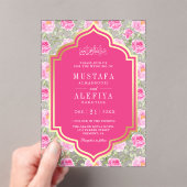 Fuchsia Gold Pink Floral Pattern Muslim Wedding Acryl Uitnodigingen (Insitu (Draagbaar))
