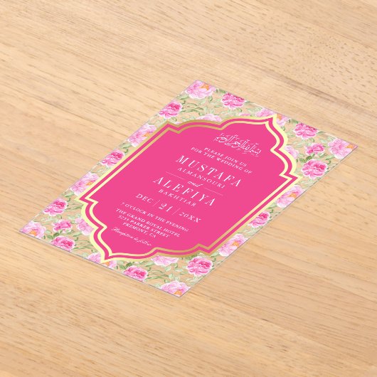 Fuchsia Gold Pink Floral Pattern Muslim Wedding Acryl Uitnodigingen (Laagn)