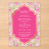 Fuchsia Gold Pink Floral Pattern Muslim Wedding Acryl Uitnodigingen (Voorkant)