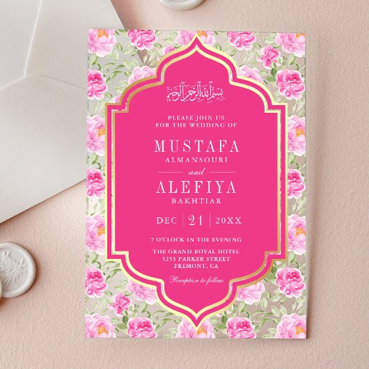 Fuchsia Gold Pink Floral Pattern Muslim Wedding Acryl Uitnodigingen