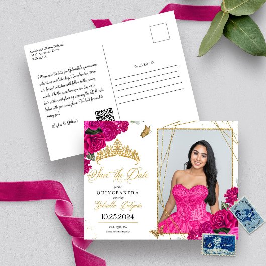 Fuchsia & Gold Tiara Quinceañera Foto Briefkaart