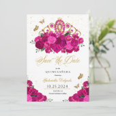 Fuchsia & Gold Tiara Save The Date Quinceañera Kaart (Staand voorkant)