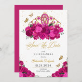 Fuchsia & Gold Tiara Save The Date Quinceañera Kaart (Voorkant / Achterkant)