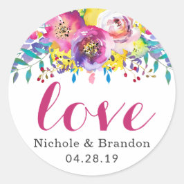 Fuchsia Gold Waterverf Blossom Floral Love Script Ronde Sticker