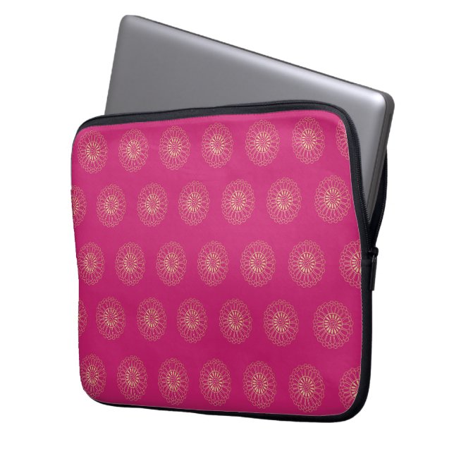 Fuchsia | Golden Zinnia Flower Medallions Laptop Sleeve (Voorkant Links)
