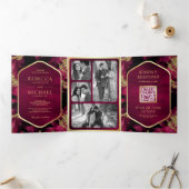 Fuchsia Goud Abstract Vloeibare Inkt QR Code Bruil Drieluik Uitnodiging (Binnen)