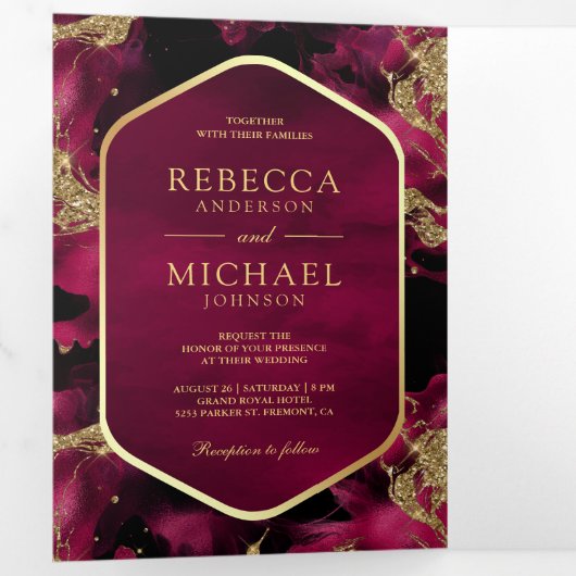 Fuchsia Goud Abstracte Vloeibare Inkt QR Code Brui Drieluik Uitnodiging (Binnenzijde eerst)