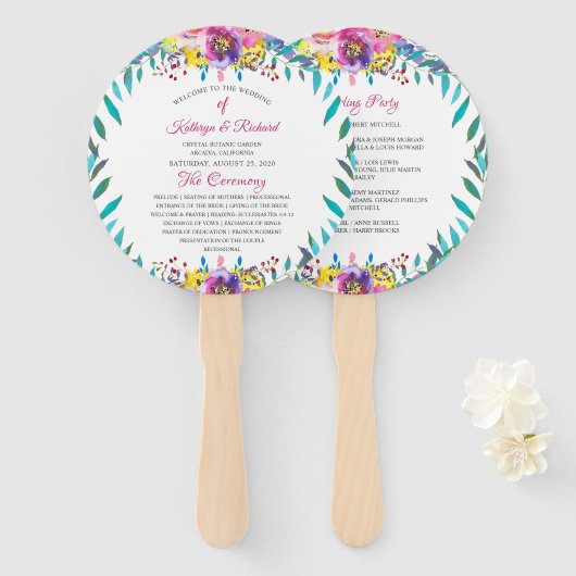 Fuchsia Goud Bloemen Chique Huwelijksprogramma Han Handwaaier (Voorkant en achterkant)