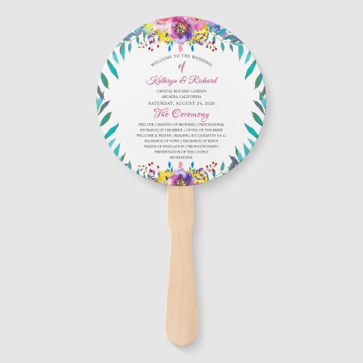 Fuchsia Goud Bloemen Chique Huwelijksprogramma Han Handwaaier (Voorkant)