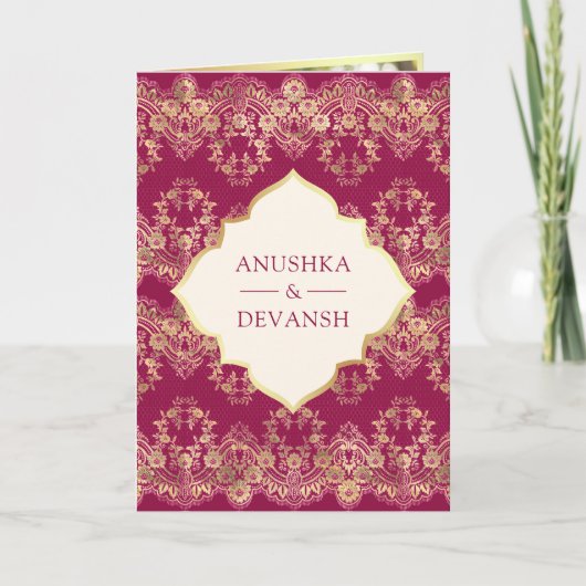 Fuchsia Goud Kant QR Code Foto Indiase bruiloft (Voorkant)