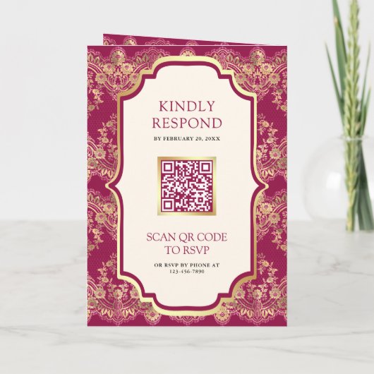 Fuchsia Goud Kant QR Code Foto Indiase bruiloft (Achterkant)