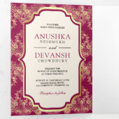 Fuchsia Goud Kant QR Code Foto Indiase bruiloft Drieluik Uitnodiging (Binnenzijde eerst)