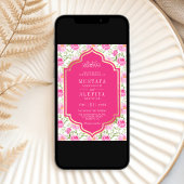 Fuchsia Goud Roze Bloemen Patroon Moslim Bruiloft Kaart