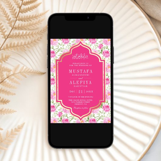 Fuchsia Goud Roze Bloemen Patroon Moslim Bruiloft Kaart