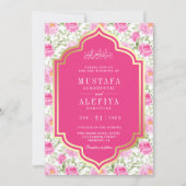 Fuchsia Goud Roze Bloempatroon Moslim Bruiloft Kaart (Voorkant)