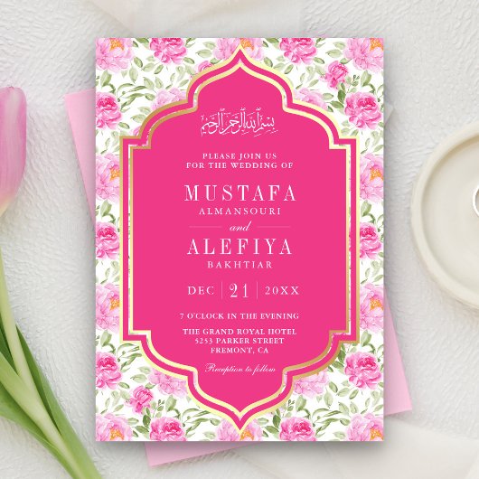 Fuchsia Goud Roze Bloempatroon Moslim Bruiloft Kaart