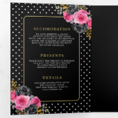 Fuchsia Gouden Bloemen Rozen Alles in Een Zwarte H Drieluik Uitnodiging (Binnenzijde eerst)