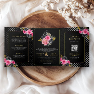 Fuchsia Gouden Bloemen Rozen Alles in Een Zwarte H Drieluik Uitnodiging