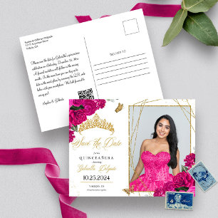 Fuchsia & Gouden Tiara Quinceañera Foto Ansichtkaa Briefkaart