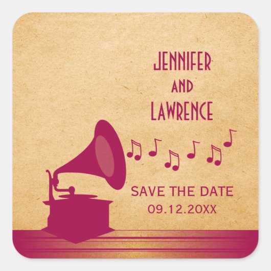 Fuchsia  Gramophone Save the Date Stickers (Voorkant)